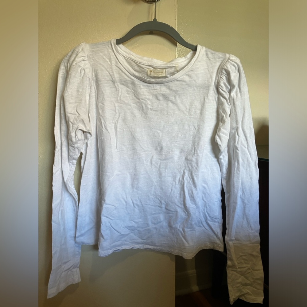 Classic White Long Sleeve Shirt with unique shoulder ruffle